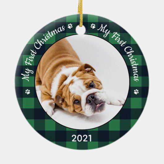 Mijn eerste kerstgroene foto van Puppy Pet Keramisch Ornament (Achterkant)