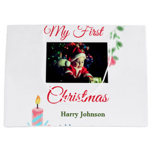 Mijn eerste kerstkaars voeg baby foto naam bladere groot cadeauzakje