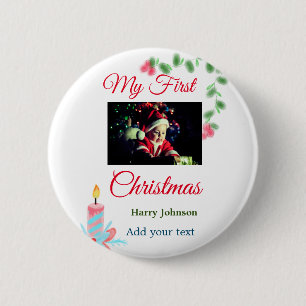 Mijn eerste kerstkaars voeg baby foto naam bladere ronde button 5,7 cm