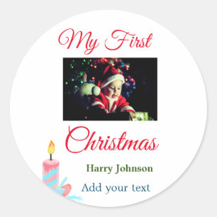 Mijn eerste kerstkaars voeg baby foto naam bladere ronde sticker