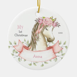 Mijn eerste Kerstkerst Boho Pony Naam Roze Keramisch Ornament
