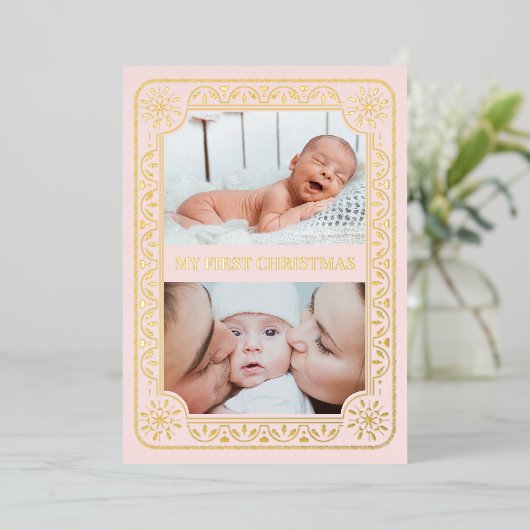 Mijn eerste Kerstmis 2 Foto Keepomwille Gold Folie Feestdagenkaart (Staand Voorkant)
