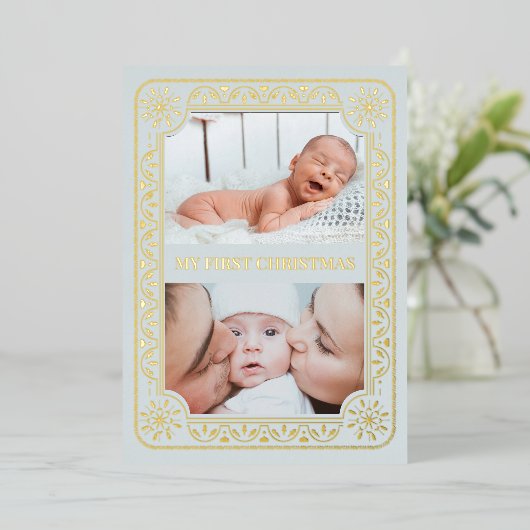 Mijn eerste Kerstmis 2 Foto Keepomwille Gold Folie Feestdagenkaart (Staand Voorkant)