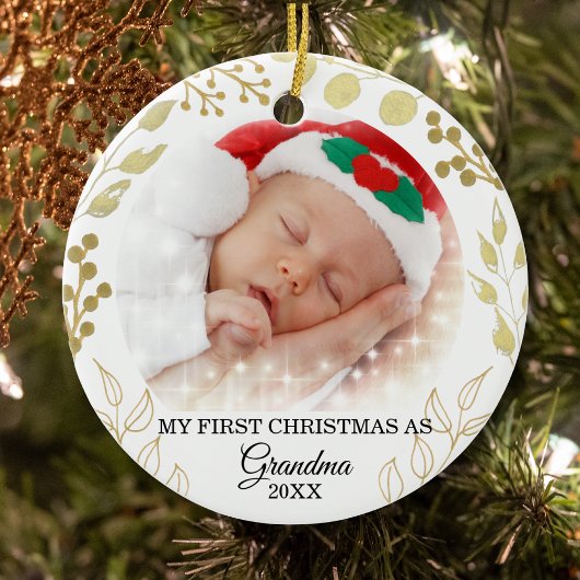 Mijn eerste Kerstmis als oma Foto Gold Foliage Keramisch Ornament