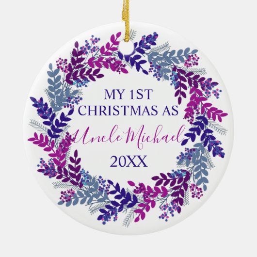 Mijn eerste Kerstmis als oom Paarse Wreate Keramisch Ornament (Achterkant)