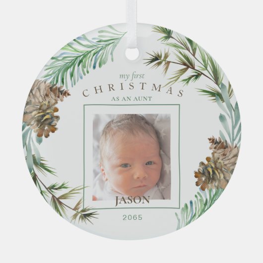 Mijn eerste Kerstmis als tante Name Foliage Photo Glas Ornament (Voorkant)