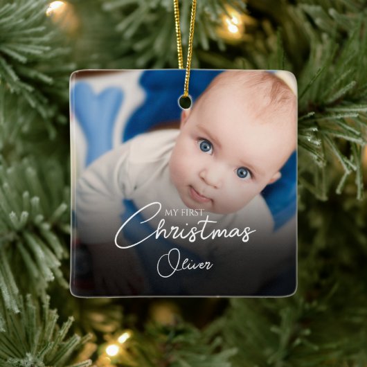 Mijn eerste Kerstmis Baby Boy Stats Fotoscript Keramisch Ornament (Boom)