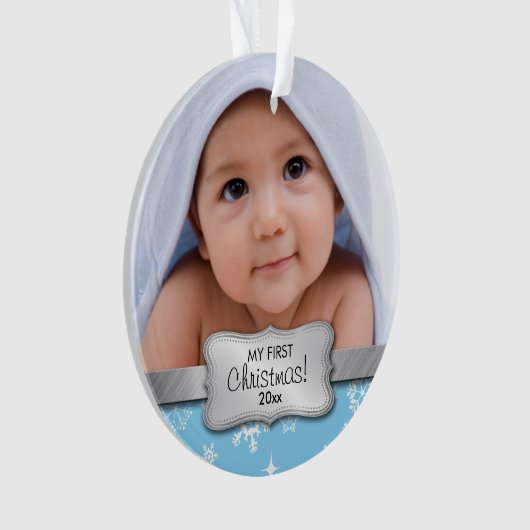 Mijn eerste Kerstmis - babyblauw | Voeg je foto to Ornament (voorkant)