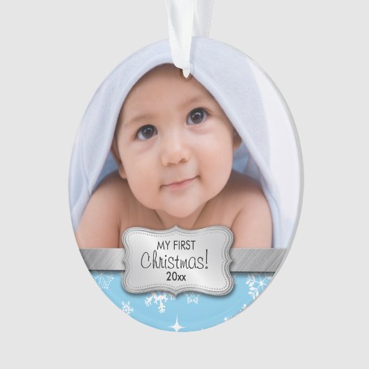 Mijn eerste Kerstmis - babyblauw | Voeg je foto to Ornament (voorkant)