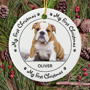 Mijn eerste Kerstmis: Cute Dog Black Puppy Foto Keramisch Ornament