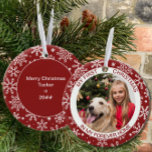 Mijn eerste Kerstmis | Foto: Red Snowflake keramie Keramisch Ornament<br><div class="desc">Mijn eerste kerstversiering is gepersonaliseerd met je foto en aangepaste tekst. Deze vakantieversiering is rood en versierd met witte sneeuwvlokken. Het is geletterd met "mijn eerste kerstfeest in mijn voorgoed thuis" en u bent welkom om "in mijn voorgoed thuis" te bewerken tot de formulering van uw keuze. De achterzijde heeft...</div>