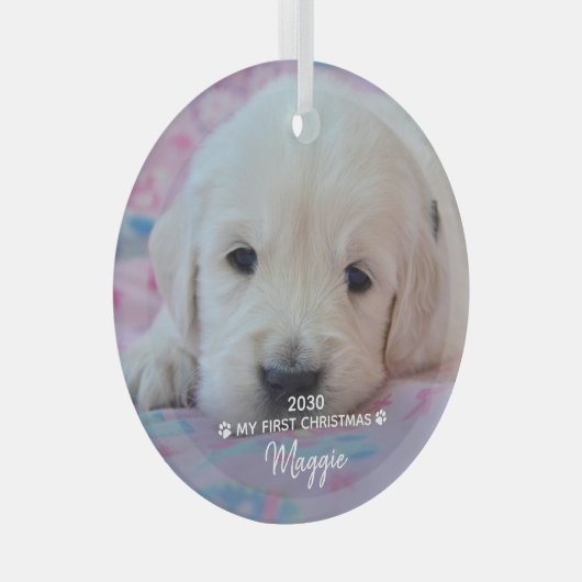 Mijn eerste Kerstmis - Foto van Cute Puppy Dog Glas Ornament (Voorkant Rechts)
