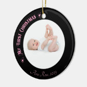 Mijn eerste Kerstmis Fotonaam Custom Modern Roze Keramisch Ornament (Links)