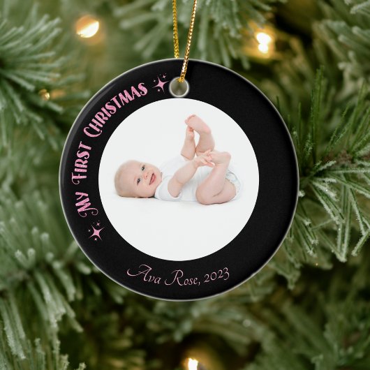 Mijn eerste Kerstmis Fotonaam Custom Modern Roze Keramisch Ornament