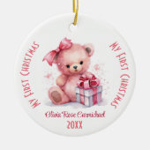 Mijn eerste Kerstmis Meisje Aangepaste Naam Roze B Keramisch Ornament (Voorkant)