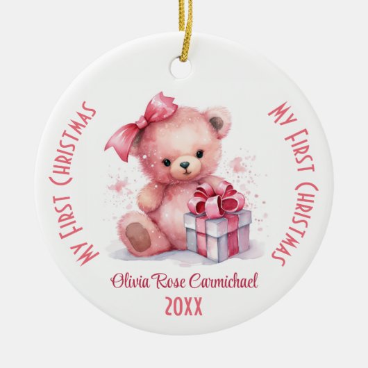Mijn eerste Kerstmis Meisje Aangepaste Naam Roze B Keramisch Ornament (Voorkant)