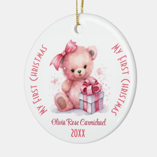 Mijn eerste Kerstmis Meisje Aangepaste Naam Roze B Keramisch Ornament (Links)