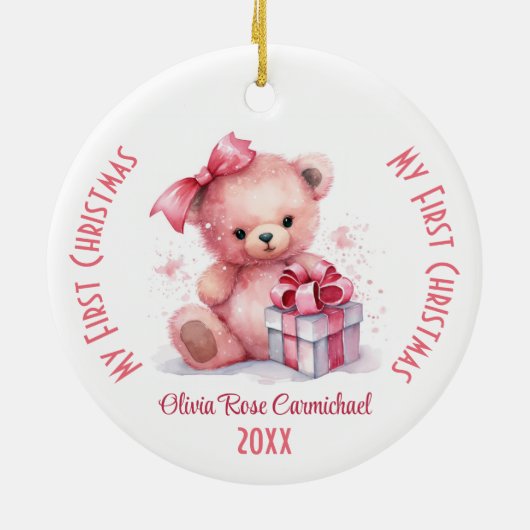 Mijn eerste Kerstmis Meisje Aangepaste Naam Roze B Keramisch Ornament (Achterkant)