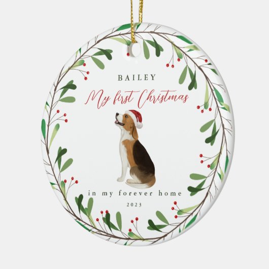 Mijn eerste Kerstmis met de naam Beagle Keramisch Ornament (Links)
