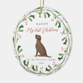 Mijn eerste Kerstmis met de naam Chocolate Lab Keramisch Ornament (Links)