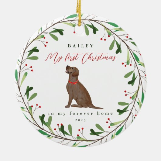 Mijn eerste Kerstmis met de naam Chocolate Lab Keramisch Ornament (Achterkant)