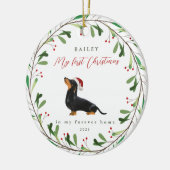 Mijn eerste Kerstmis met de naam Dachshund Keramisch Ornament (Links)