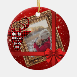 Mijn eerste Kerstmis met Gold Lijst Red Bow Foto Keramisch Ornament