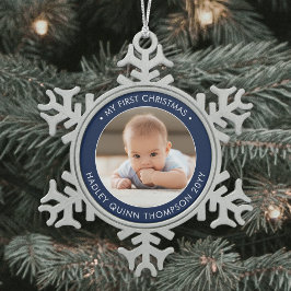 Mijn eerste Kerstmis Moderne Baby-fotomarinemacht  Tin Sneeuwvlok Ornament