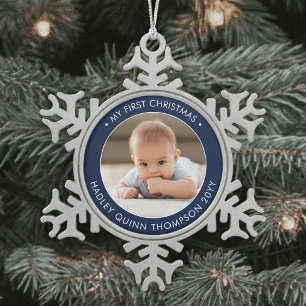 Mijn eerste Kerstmis Moderne Baby-fotomarinemacht  Tin Sneeuwvlok Ornament