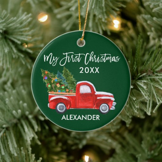Mijn eerste Kerstmis  Red Truck Baby Green Keramisch Ornament (Boom)