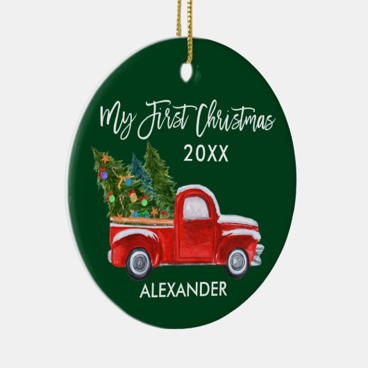 Mijn eerste Kerstmis  Red Truck Baby Green Keramisch Ornament (Rechts)