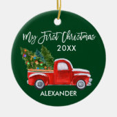 Mijn eerste Kerstmis  Red Truck Baby Green Keramisch Ornament (Voorkant)