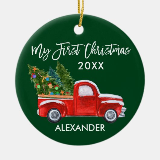 Mijn eerste Kerstmis  Red Truck Baby Green Keramisch Ornament (Voorkant)