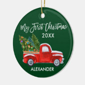 Mijn eerste Kerstmis  Red Truck Baby Green Keramisch Ornament (Links)