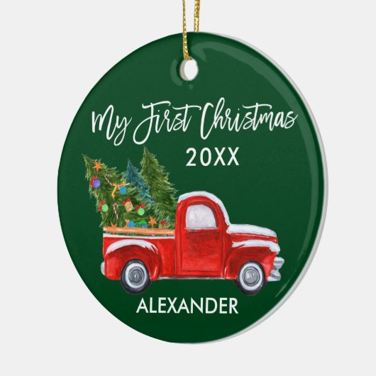 Mijn eerste Kerstmis  Red Truck Baby Green Keramisch Ornament (Links)
