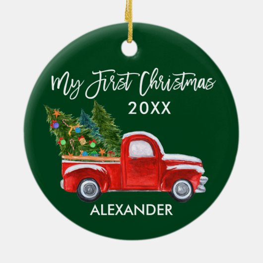 Mijn eerste Kerstmis  Red Truck Baby Green Keramisch Ornament (Achterkant)