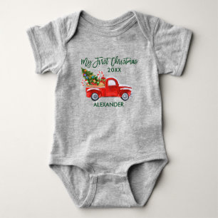 Mijn eerste Kerstmis, Red Truck Candy Canes Grey Romper