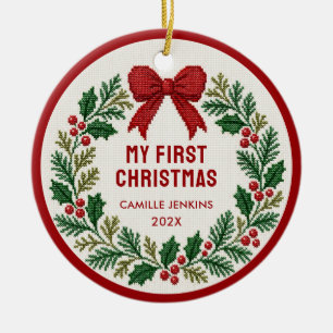 Mijn Eerste Kerstmis Rode Strik Krans Foto Ornamen Keramisch Ornament