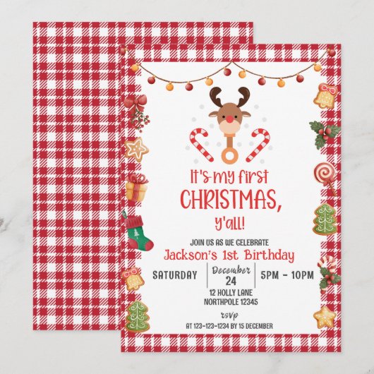 Mijn eerste Kerstmis, Rudolph Rendier Verjaardag Kaart (Voorkant / Achterkant)