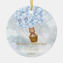 Mijn Eerste Kerstmis Teddibeer Blauwe Ballonnen Fo Keramisch Ornament