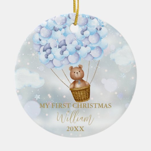 Mijn eerste Kerstmis Teddy Bear Blauwe Ballonnen F Keramisch Ornament (Voorkant)