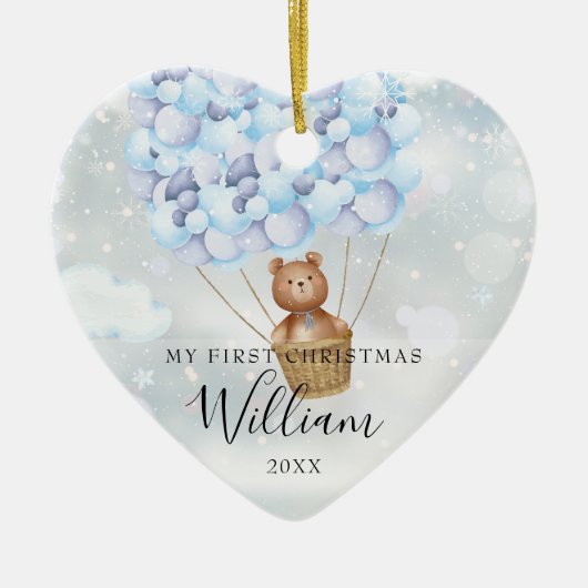 Mijn eerste Kerstmis Teddy Bear Blauwe Ballonnen F Keramisch Ornament (Voorkant)