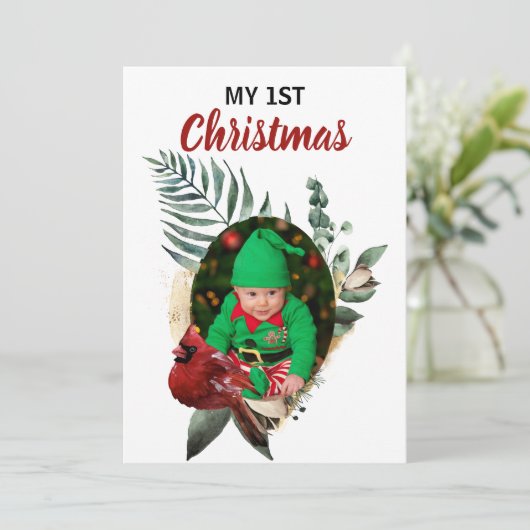 Mijn eerste Kerstmis, twee nieuwe babyfoto's feest Feestdagenkaart (Staand voorkant)