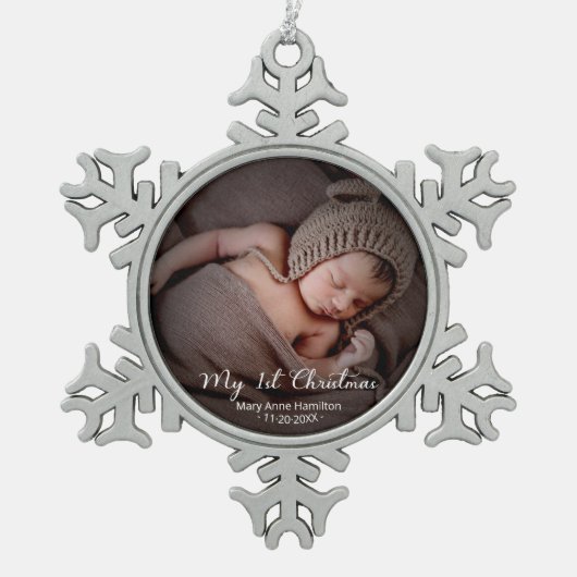 Mijn eerste kerstpasgeboren Baby Foto Tin Sneeuwvlok Ornament (Voorkant)