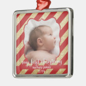 Mijn eerste kerstrood en gouden streep-versiering metalen ornament (Links)