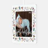 Mijn eerste kerstscript Baby geboorte Stats & foto Metalen Ornament (Voorkant links)