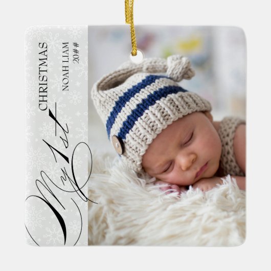 Mijn eerste kerstscript Verticale foto Snowflake Keramisch Ornament (Voorkant)