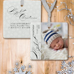 Mijn eerste kerstscript Verticale foto Snowflake Keramisch Ornament<br><div class="desc">Mijn eerste kerstfotoversiering met verticale foto, elegante kalligrafie en delicate witte sneeuwvlokken op een zilvergrijze grens. Het fotomalplaatje is klaar voor u om uw foto, de naam van de baby, het jaar en uw douanetekst op de rug toe te voegen. Met uitzondering van de handgeschreven tekst die voor Mijn eerste...</div>