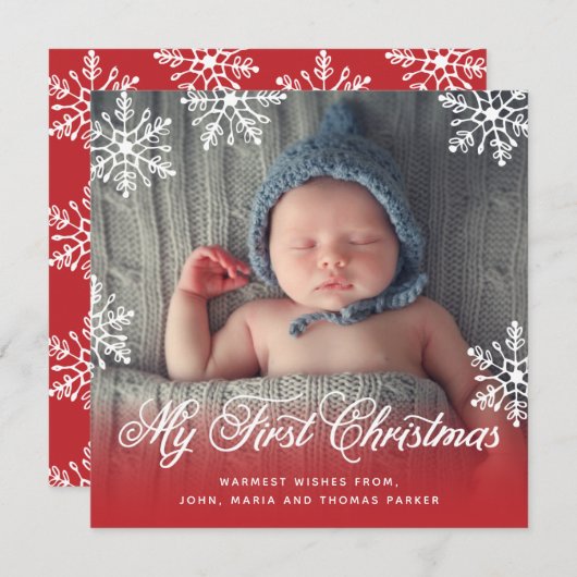 Mijn eerste kerstsnowflake script Red Photo Feestdagenkaart (Voorkant / Achterkant)
