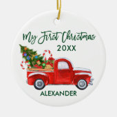 Mijn eerste kersttruck Candy Canes Baby Green Keramisch Ornament (Voorkant)